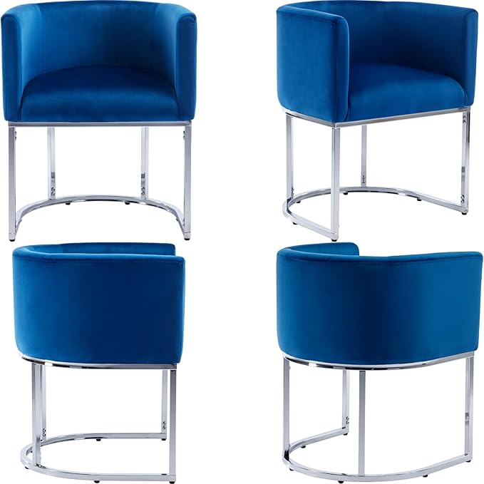 Velvet Dining Chair Set: Modern Barrel Arm Chairs - Chrome Metal Frame, Upholstered Accent Chairs (18.5" W) for Dining & Living Room, blue