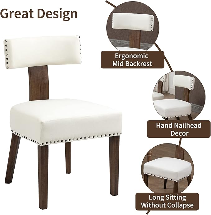 Upholstered Wooden Farmhouse Dining Chairs Set of 6, Mid-Century Modern Fabric Dining Room Chairs with Wood Legs, Curved Backrest Kitchen Chair Armless for Kitchen/Restaurant/Cafe, Beige