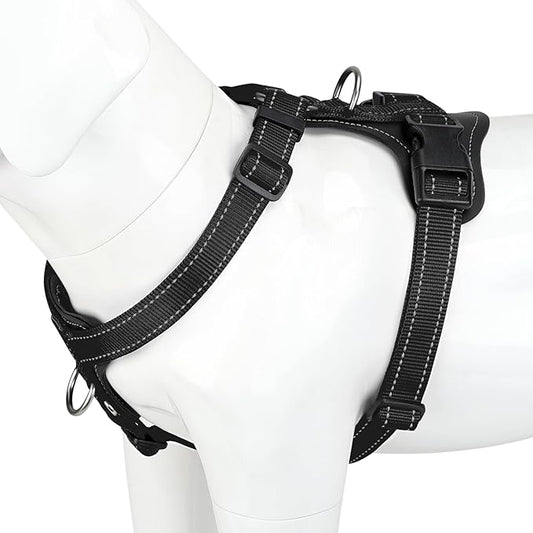 Plutus Pet Adjustable No Pull Dog Harness with Leather Accents, Heavy Duty Reflective Nylon Vest for Training, Hiking, Easy Walk Harness for Small, Medium, Large Dogs (Black, L)