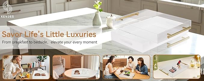 Glossy White Acrylic Serving Tray with Handles-Acrylic Tray for Ottoman,Coffee Table, Breakfast, Tea, Food, Butler - Decorative Tray (12x12x2H Inch with, White)