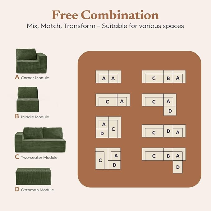 106" Modular Sectional Sofa with L-Shape Chaise, Right/Left Facing Deep Seat Cloud Couch, No Assembly Required, Upholstered Couch for Living Room Bedroom (Plush Corduroy Fabric, Green)