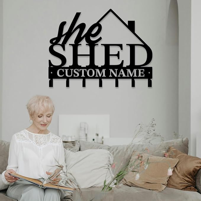 Personalized She Shed Keys Hooks,Custom Name Metal She Shed Art Keys Hooks,Metal She Shed Lover Wall Home Storage Decorative Keys Hooks,Key Holder Hooks for Wall (Style A)