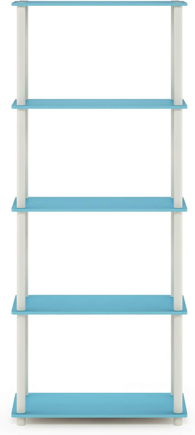 Furinno TURN-N-TUBE Storage Shelves, 5-Tier Book Shelf, Corner Shelf, Toolless Open Shelves, for Organization and Storage, Living Room, Garage, Home Office, Light Blue