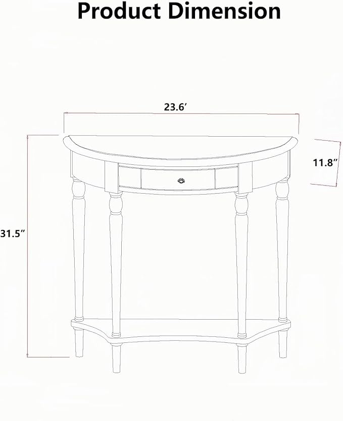 Solid Wood Console Table with Drawer, Semi-Circle Entryway Storage Shelf, Half-Moon Porch Table Side Elegant Vintage Sofa for Living Room (Black (23.6" L x 11.8" W x 31.5" H))