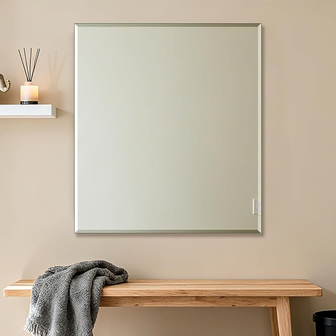 Ruomeng Frameless Mirror for Wall, 40x36 Inch Bathroom Vanity Mirror Farmhouse, Large Rectangle Mirror with Beveled Edge, Tempered Glass, Hangs Horizontally or Vertically