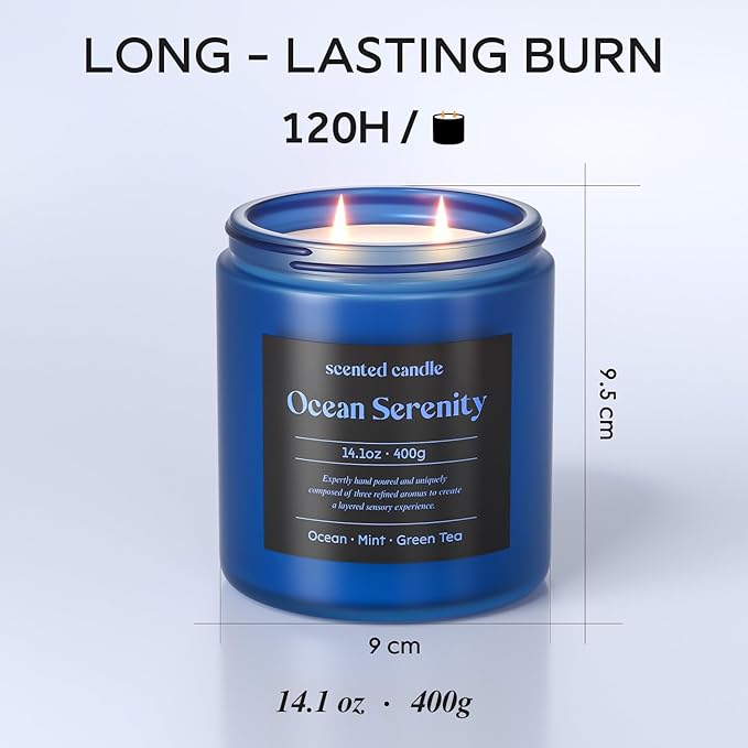 Scented Candles, 14.1 oz Scented Candles for Home, 2 Wicks Blended Scents Aromatherapy Candles for Women and Men, Birthday Gifts for Women (Ocean+Mint+Green Tea)