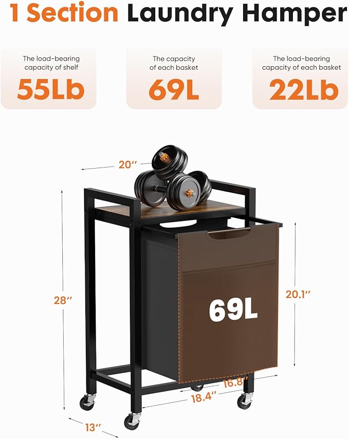 Sweetcrispy Laundry Hamper with 1 Pull-Out Removable Sorter Bags, Movable Wheels, Freestanding Clothes Basket Organizer in Bathroom, 1 × 18.3Gal (69L) Capacity, Rustic Brown and Black