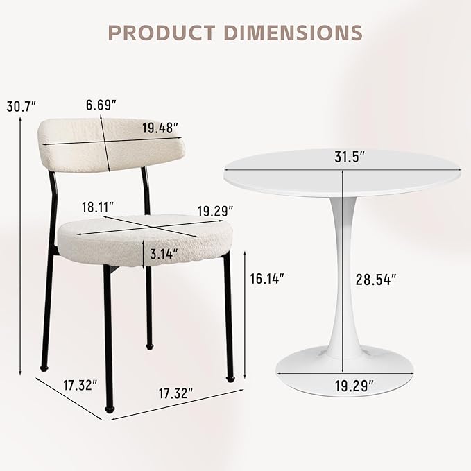 SoarFlash Kitchen Table and Chairs for 2, 31.5" Dining Table Set for 2 with Boucle Upholstered Chairs, 3 Piece Round Kitchen Table Set, Dining Room Table Set for Small Space, Apartment, Beige/White