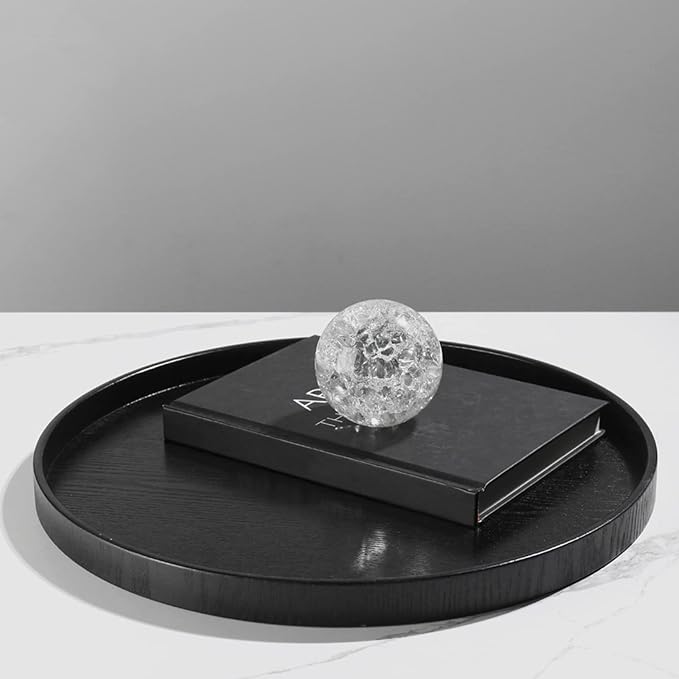 Round Solid Wood Serving Tray Extra Large Tea Coffee Snack Food Meals Serving Plate Non-Slip Kitchen Party Bar Server Ottoman Tray Breakfast Tray with Raised Edges (15inch/37.5cm) Black