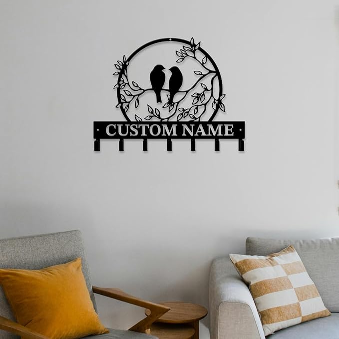 Personalized Custom Name Birds of Trees Wall Key Hooks,Metal Birds of Trees Art Clothes Hooks,Metal Birds of Trees Wall Home Storage Decorative,For Front Door, Hallway, Kitchen, Bedroom (Style F)