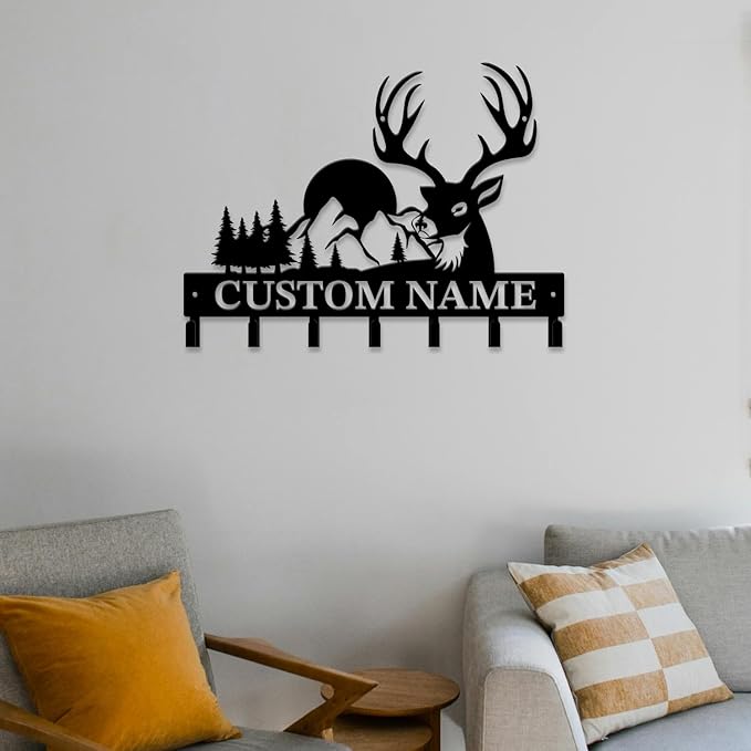 Personalized Custom Name Forest Deer Wall Keys Hooks,Metal Forest Deer Art Clothes Hooks,Metal Forest Deer Wall Home Storage Decorative,For Front Door, Hallway, Kitchen, Bedroom,Keys,Hats (Style B)
