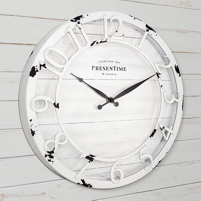 Presentime & Co 13" Farmhouse Series Wall Clock, Quartz Movement, Shiplap Style, Raised 3D Arabic Numeral, Antique Distressed White