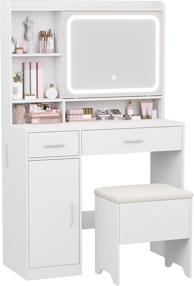 Vanity Desk with Sliding Mirror & Power Outlets - Dimmable LED Lighting, 4 Open Shelves, 2 Drawers, 1Storage Cabinet & Padded Stool - Ideal Bedroom Makeup Dressing Table （White）