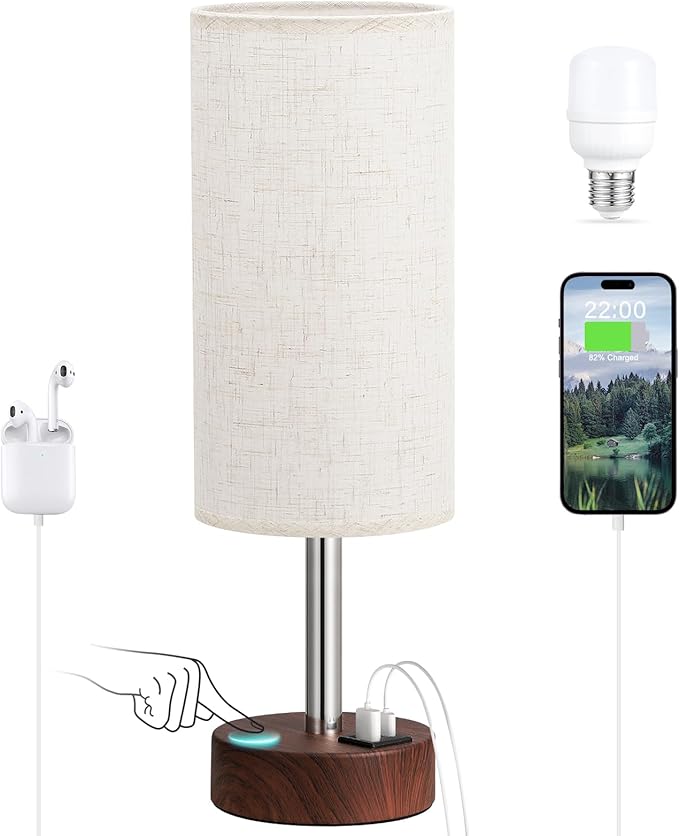Dicoool Touch Bedside Table Lamp with USB - 3 Way Dimmable Redwood Lamps for Bedroom Nightstand, Desk Lamp with Charging Station for Dorm, Living Room, Office, Kids Room, Nursery