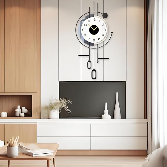 Modern Wall Clock - Large Decorative Metal Wall Clock with Pendulum Silent Non-Ticking Battery Operated Wall Decor for Living Room Office Bedroom Kitchen Hunting Household (16.5 * 34.7in)