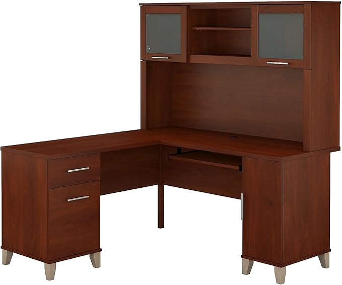 Bush Furniture Somerset 60W L Shaped Desk with Hutch in Hansen Cherry