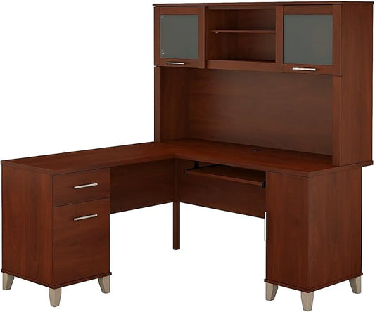 Bush Furniture Somerset 60W L Shaped Desk with Hutch in Hansen Cherry
