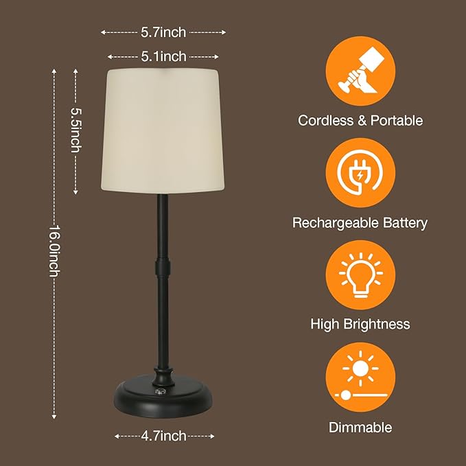 Cordless Black LED Table lamp, 5200-mAh Rechargeable Battery, 3-Level Brightness, Build-in Integrated LED 320 Lm Max, Night Lamp Ambient Light, for Bedside Restaurant Dining Table