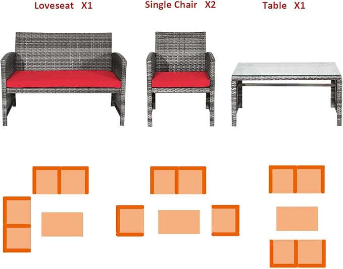 Tangkula 4 PCS Wicker Patio Conversation Set, Outdoor Rattan Sofas with Table Set, Patio Furniture Set with Soft Cushions & Tempered Glass Coffee Table for Poolside Balcony