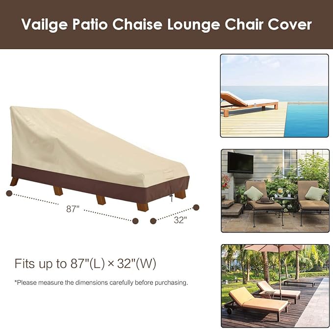 Vailge Waterproof Patio Chaise Lounge Cover, 600D Heavy Duty Outdoor Lounge Chair Covers,UV Resistant Patio Furniture Covers, Large, Beige & Brown