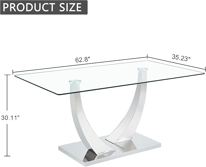 Modern Rectangular Glass Dining Table for 6-8 with Tempered Glass Tabletop and Silver Chrome Metal U-Shaped Pedestal for Kitchen Dining Living Meeting Room Banquet Hall (Silver7)