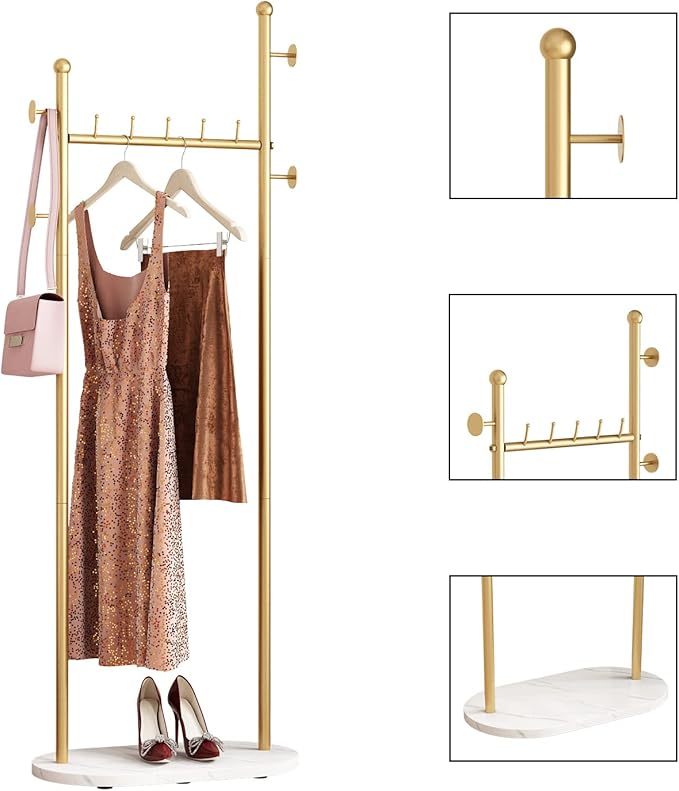 DR.IRON Gold Clothing Racks with Marble Base Modern Coat Racks Freestanding Gold Clothes Rack with Shelves for Bedroom Heavy Duty Garment Racks in Hallway, Entryway