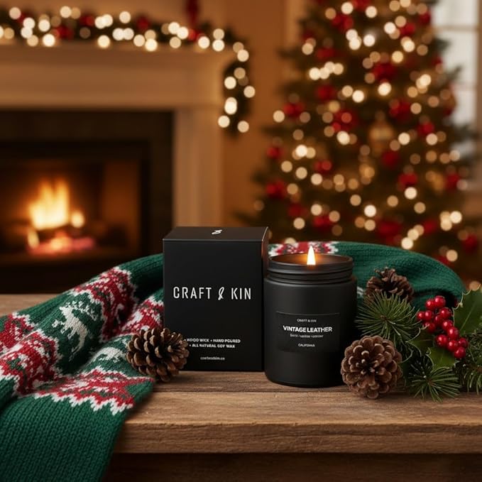 Craft & Kin Premium Vintage Leather Candle | Black Christmas Scented Candles for Men | Long Lasting with 45 Hour Burn Time, 7.6oz | Soy Holiday Candles | Aromatherapy at Home | Gifts for Men