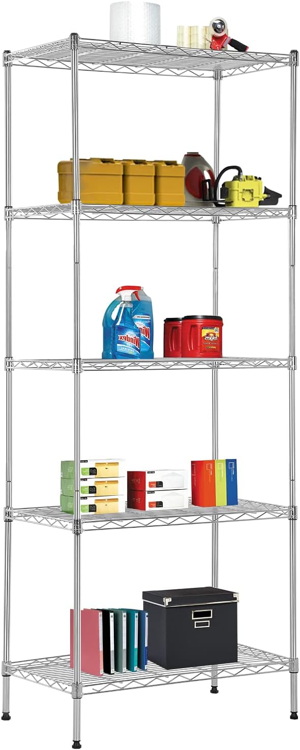 BestOffice | 5-Tier Wire Storage Shelves | 14x24x60 | Chrome | with Adjustable Racks | Heavy-Duty Metal Shelf, Holds Upto 750 lbs | No-Tool Assembly | Ideal for Home & Garage Shelving