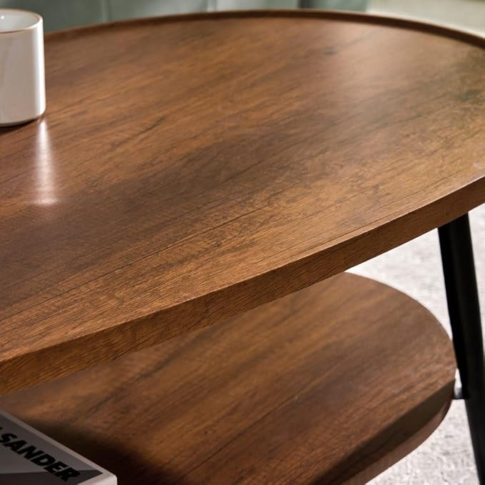 AGV Oval Coffee Table with Storage Shelf, 47" Mid Century Modern Coffee Table for Living Room, Walnut Wood Finish MDF Top with Black Metal Legs