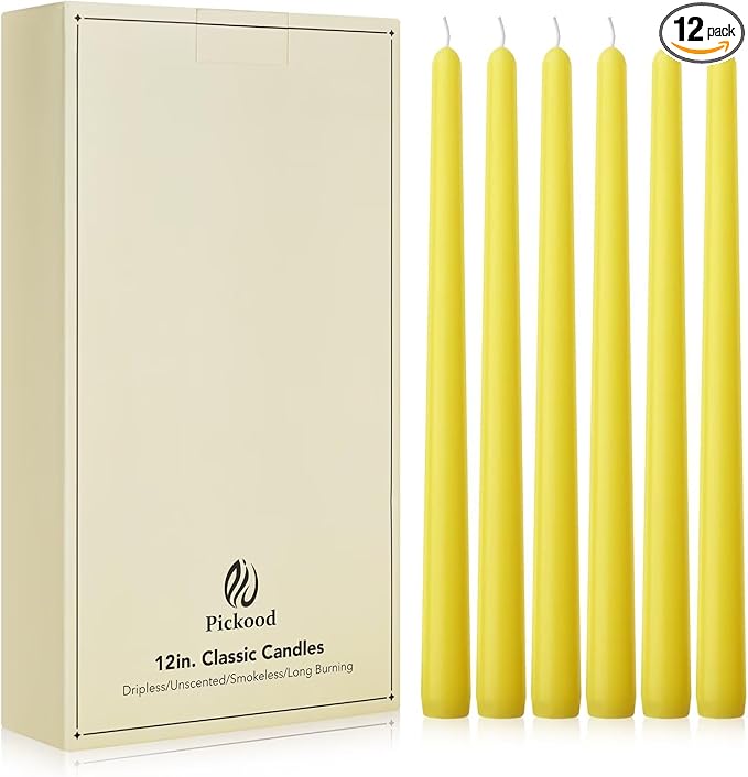 New Burning Formula Unscented Dripless 12-Inch Taper Candles Set of 12 - Yellow, for Wedding, Dinner - Smokeless, Long Burning - Hand Poured, Colored Tall Candlesticks - Amarillo