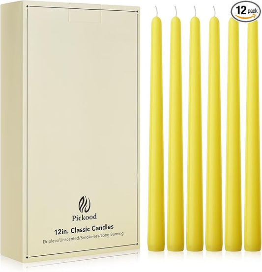 New Burning Formula Unscented Dripless 12-Inch Taper Candles Set of 12 - Yellow, for Wedding, Dinner - Smokeless, Long Burning - Hand Poured, Colored Tall Candlesticks - Amarillo