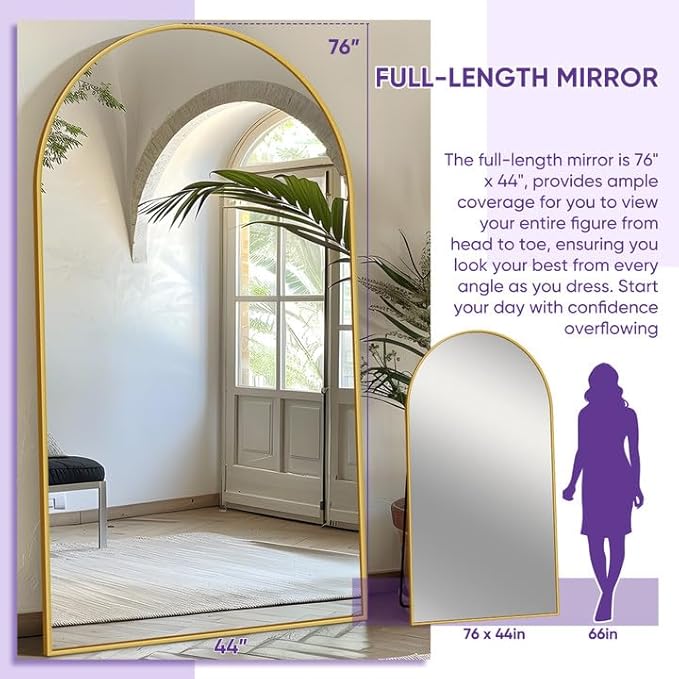 Full Length Mirror, 76"x44" Floor Mirror Freestanding, Oversized Floor Standing Full Body Mirror with Stand for Bedroom, Hanging Mounted for Living Room Cloakroom, Gold, Arched