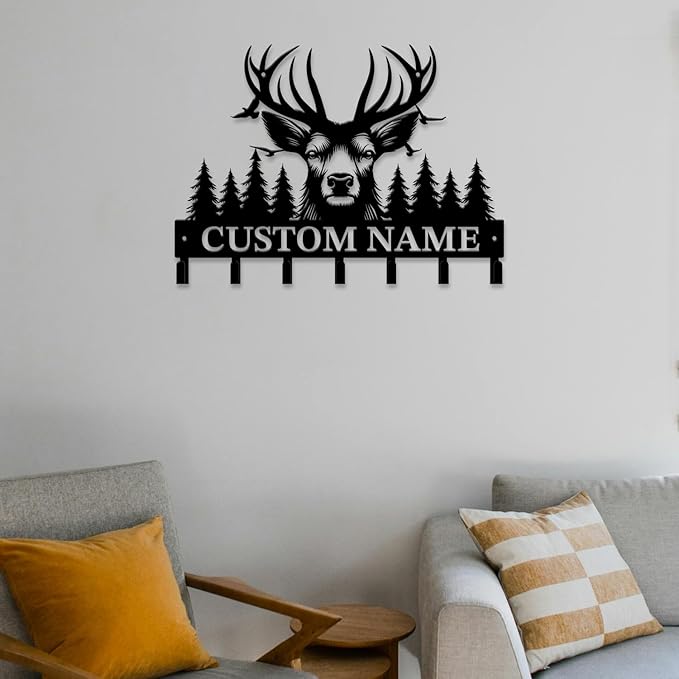 Personalized Custom Name Forest Deer Wall Keys Hooks,Metal Forest Deer Art Clothes Hooks,Metal Forest Deer Wall Home Storage Decorative,For Front Door, Hallway, Kitchen, Bedroom,Keys,Hats (Style E)