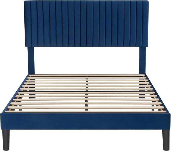 Allewie Full Bed Frame, Velvet Upholstered Platform Bed with Adjustable Vertical Channel Tufted Headboard, Mattress Foundation with Strong Wooden Slats, Box Spring Optional, Easy Assembly, Navy Blue