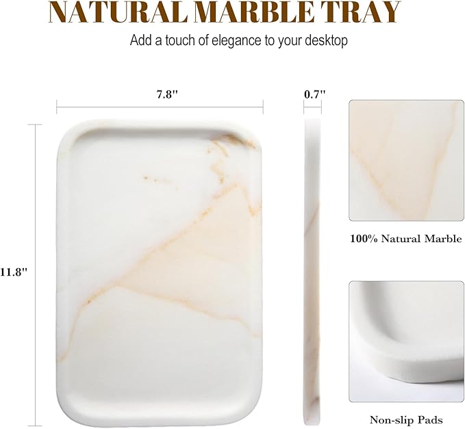 Koville Marble Tray, 12"x8" Marble Vanity Tray for Bathroom Kitchen Countertop, Rectangular Stone Tray for Cosmetics Perfume Trinket, Decorative Catchall Trays (Golden Calacatta)