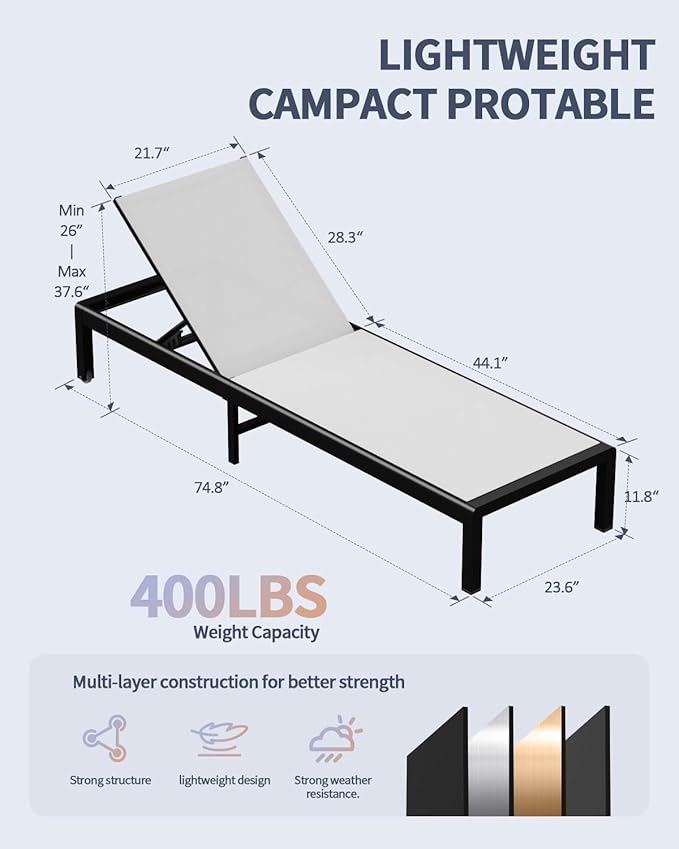 Aluminum Lounge Chairs Outdoor Chaise Furniture,2 Sets Patio Metal Deck Lounger Adjustable 5-Position Poolside Chase Recliner with Wheels for Beach,Coffee Table, (White, 1 Chair)
