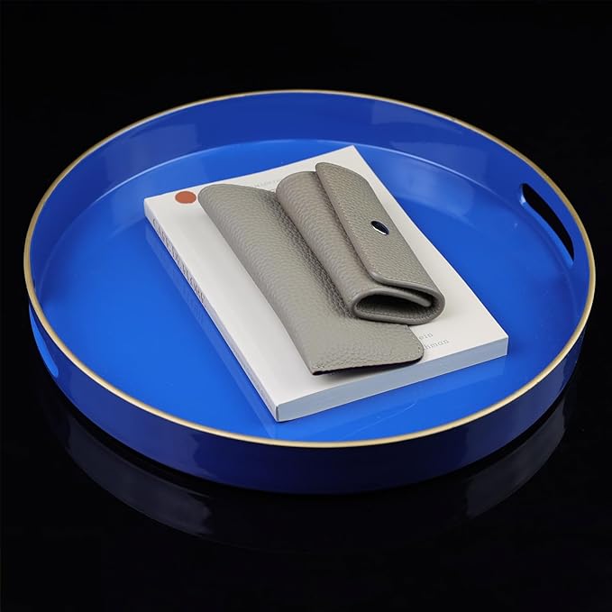 Blue Round Decorative Tray with Handles, 13" Elegant Coffee Table Serving Tray for Ottoman Living Room, Bathroom, Outdoors, Breakfast