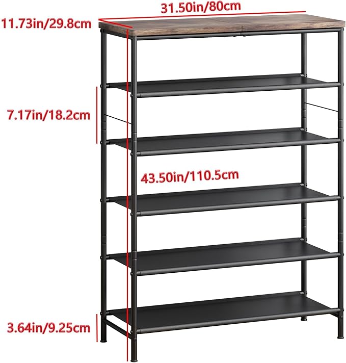 Shoe Rack Organizer 6 Tier Metal Organizer Shelf with Industrial MDF Board and Layer Fabric for Entryway Closet Bedroom Living Room Garage,Black & Rustic Brown (Black+Rustic Brown, 6 Tier)