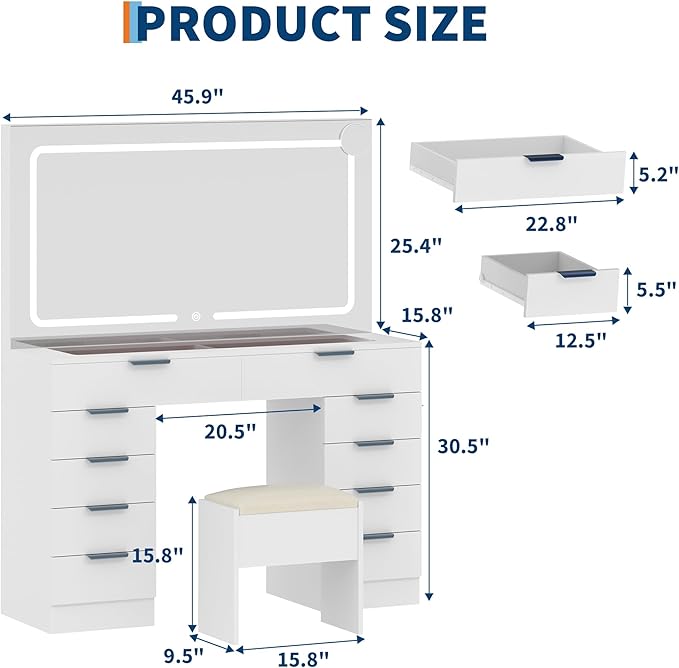 Garvee Vanity Desk with Large Mirror and Lights & Magnifying Glass, Makeup Table, Dressing Table Set with Stool, Power Outlet, 3 Lighting Modes, 10 Drawer, White