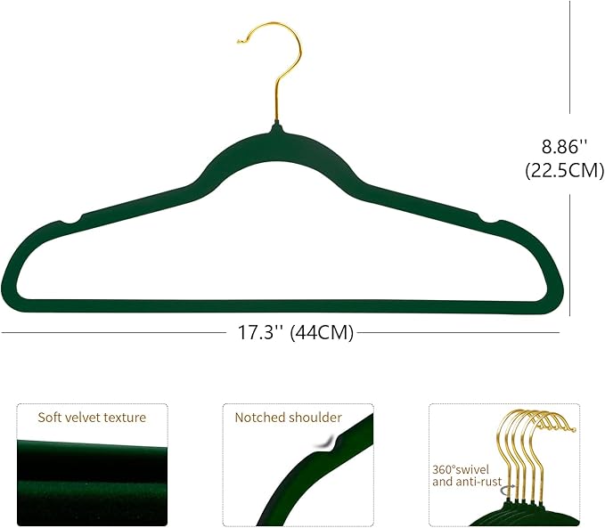 ManGotree Velvet Coat Hangers with 360° Swivel Gold Hook, Non-Slip Felt Suit Hangers, Slim Space Saving Clothes Hanger for Jacket, Sweater, Shirt, Dress, Pants (36 Pack, Green)