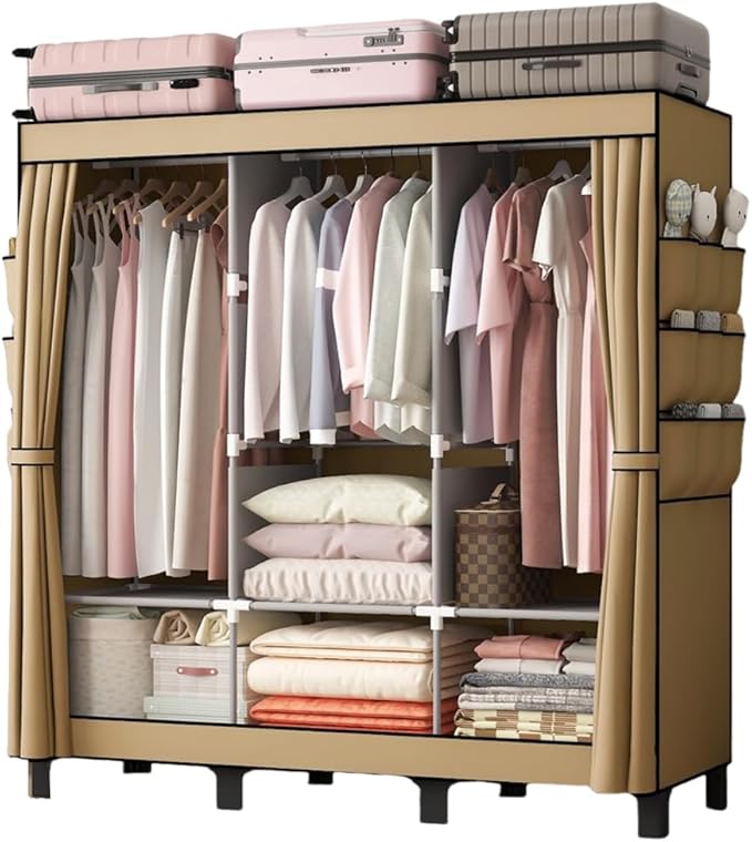 Portable Closet, Clothes Storage Box, Simple Wardrobe for Hanging Clothes, Multiple Shelves and 3 booms,6 Side Pockets (Black)” (Cream Colour, Large)