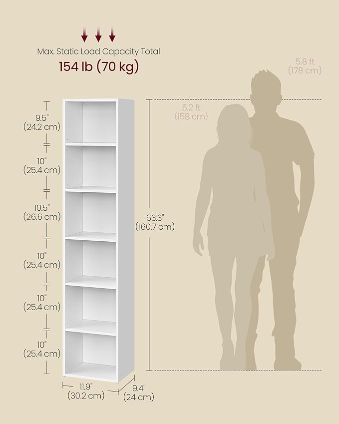VASAGLE Custos Collection - Bookshelf, 6-Tier Bookcase, Book Shelf, Open Storage Shelf, 9.4 x 11.9 x 63.3 Inches, for Living Room, Home Office, Dinning Room, Cloud White ULBC411W01