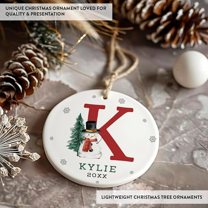 Andaz Press Personalized Ornament, Custom Name, Initial K Monogram Snowman 2.8" Ceramic Porcelain 2025 Christmas Ornament Keepsake for Kids, Boys, Girls, Includes Gold Ribbon & Gift Box, 1-Pack