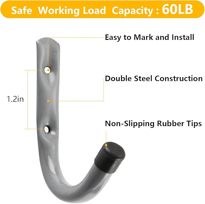 HOME MASTER HARDWARE 12 Pack 4-Inch Heavy Duty Garage Storage Wall Hooks, Steel J Utility Hooks for Hanging Ladders, Tools, Bikes, Grey