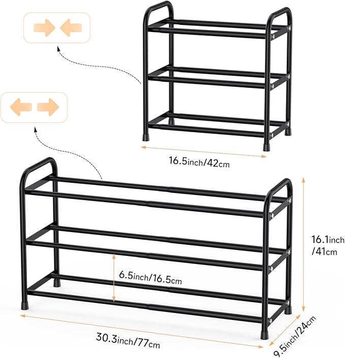 3 Tier Expandable Shoe Rack, Adjustable Shoe Shelf Storage Organizer, Black Shoe Organizer for Closet, Free Standing Shoe Rack for Entryway, Closet, Doorway, Garage