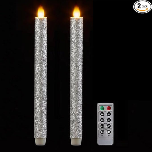 Flameless Taper Candles Flickering with Remote and Timer, 3D Moving Flame Taper Candle Battery Operated to 400 Hours, 9 Inch Window Candles, (Glitter Silver)