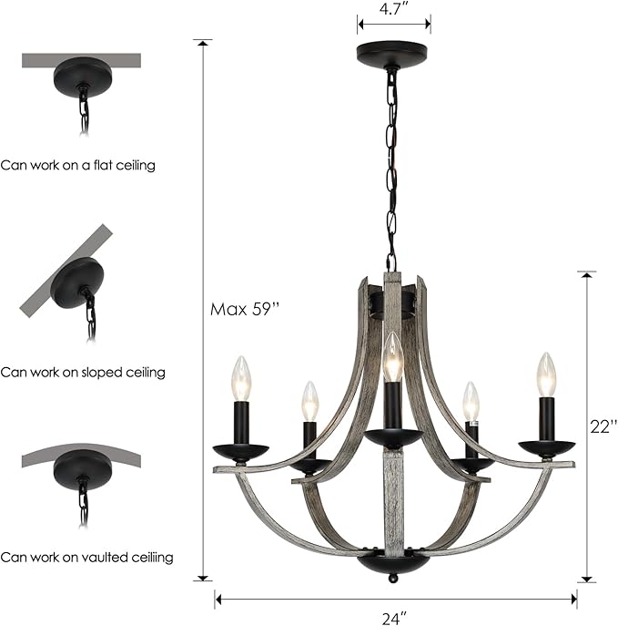 Farmhouse Chandeliers for Dining Room Light Fixture, 5-Light 24 inch Faux Wood Texture Hanging Lighting Fixtures,Rustic Candle Chandeliers for Living Room Kitchen Island Foyer Entryway