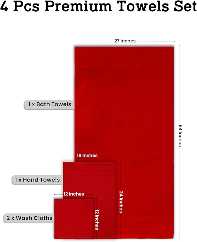 Casa Lino 4 Piece Bath Towel Set | 1 Bath Towel, 2 Wash Cloth, 1 Hand Towels | Bathroom Essentials for New Home, 100% Cotton Luxury Towels, Highly Absorbent Bathroom Set, Red