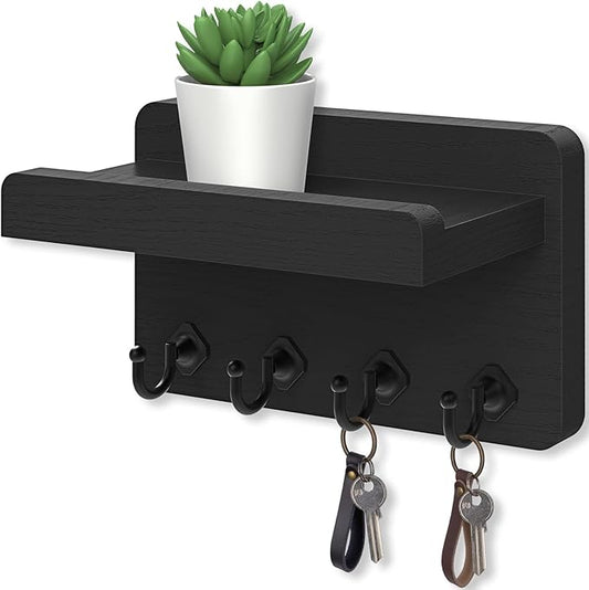 Nekon Key Holder Wall Mount, 8.5 Inch Small Home Decor Wooden Wall Organizer with 4 Hooks and Shelf, Key and Mail Holder for Living Room Entryway Kitchen (Black)
