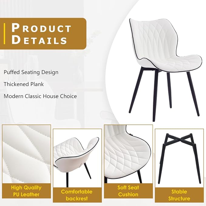 Kidol & Shellder White Dining Chairs Set of 2 Modern Kitchen Chairs with Back Armless Accent Chairs for Living Room Upholstered Faux Leather Chair Mid Century Comfy Side Chair with Metal Legs